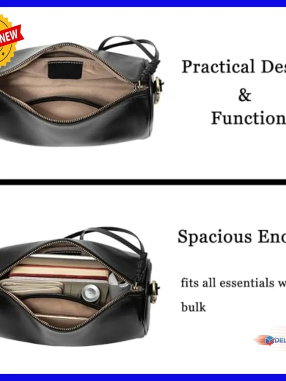 Genuine Leather Crossbody Barrel Hobo Bag Adjustable Strap Travel Purse